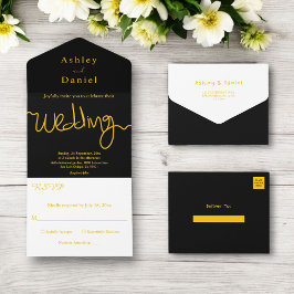 Elegante eenvoudige zwart en goud kalligrafie brui all in one uitnodiging