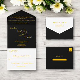 Elegante eenvoudige zwart en goud kalligrafie brui all in one uitnodiging