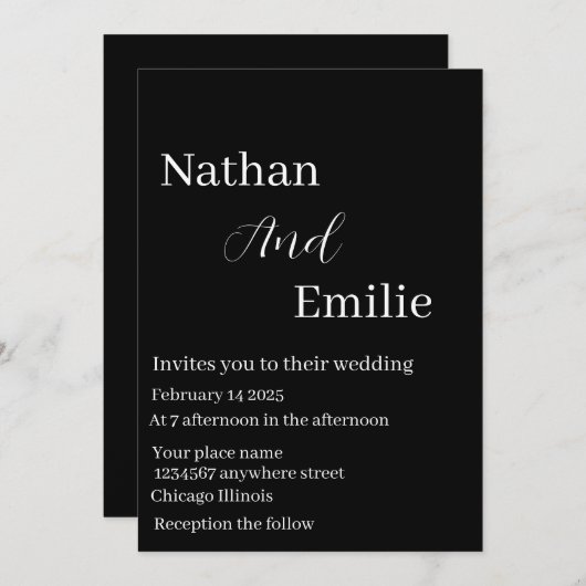 Elegante eenvoudige zwart-wit bruiloft uitnodiging (Voorkant / Achterkant)