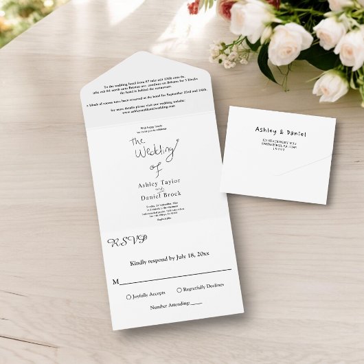 Elegante eenvoudige zwart-wit chique moderne bruil all in one uitnodiging