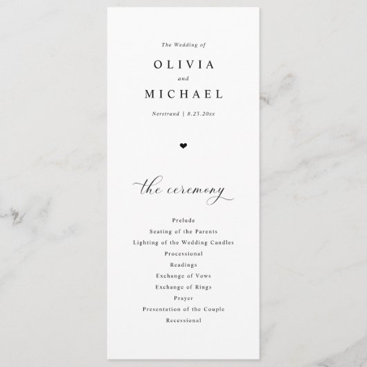 Elegante eenvoudige zwart-wit hart bruiloft programmakaart (Voorkant)