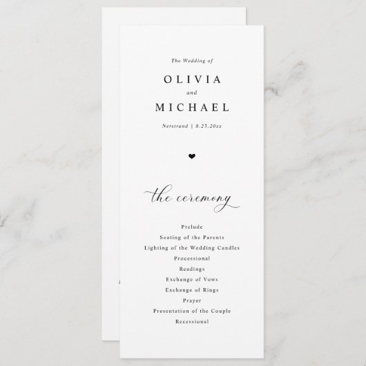 Elegante eenvoudige zwart-wit hart bruiloft programmakaart (Voorkant / Achterkant)