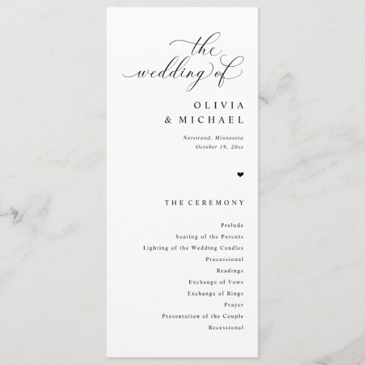 Elegante eenvoudige zwart-wit hart bruiloft programmakaart (Voorkant)