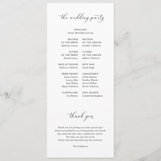 Elegante eenvoudige zwart-wit hart bruiloft programmakaart (Achterkant)