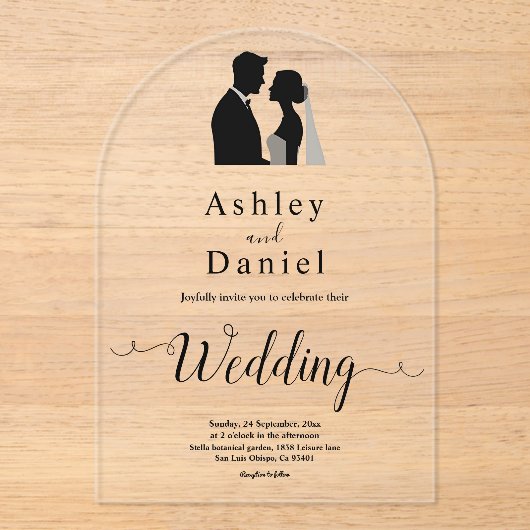 Elegante eenvoudige zwart-wit kalligrafie bruiloft acryl uitnodigingen (Voorkant)