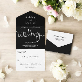 Elegante eenvoudige zwart-wit kalligrafie bruiloft all in one uitnodiging