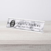 Elegante eenvoudige zwart wit marmeren Logo naampl Bureau Naambordje (Voorkant)