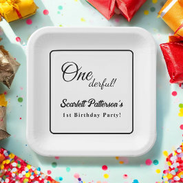 Elegante eenvoudige zwart-wit moderne 1e verjaarda papieren bordje
