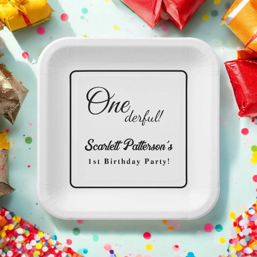 Elegante eenvoudige zwart-wit moderne 1e verjaarda papieren bordje