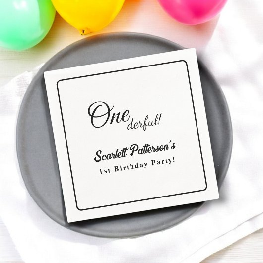 Elegante eenvoudige zwart-wit moderne 1e verjaarda servet