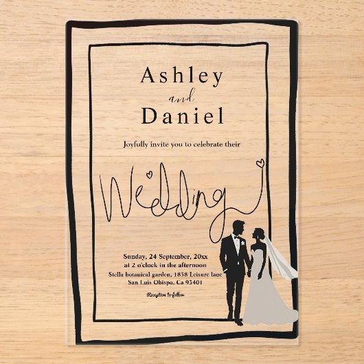 Elegante eenvoudige zwart-wit moderne chique bruil acryl uitnodigingen (Voorkant)
