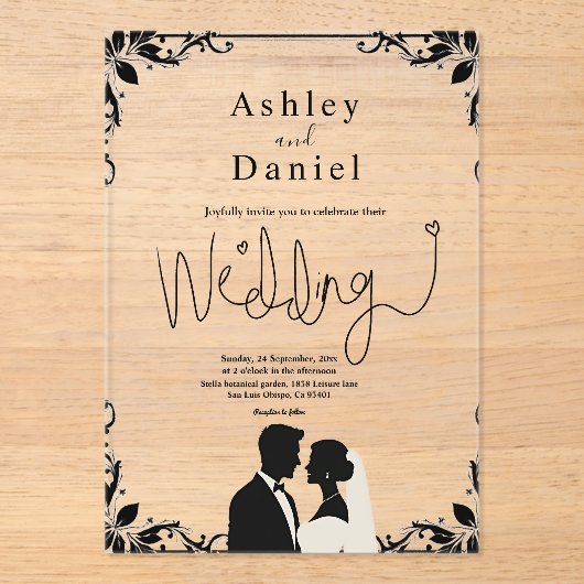 Elegante eenvoudige zwart-wit paar chique bruiloft acryl uitnodigingen (Voorkant)