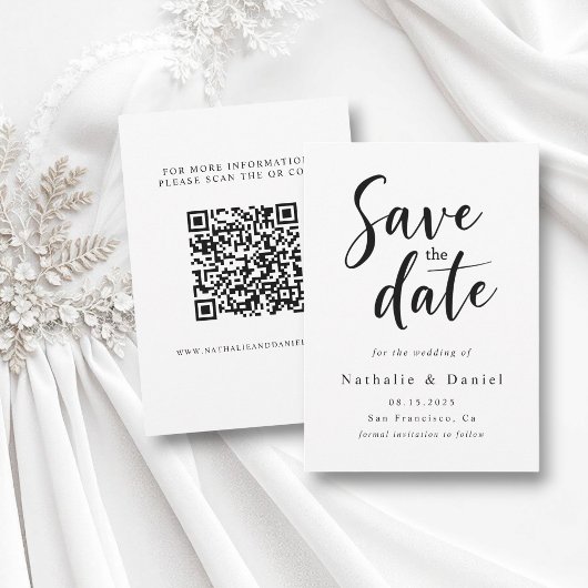 Elegante Eenvoudige Zwart-Wit QR Code Wedding Save The Date