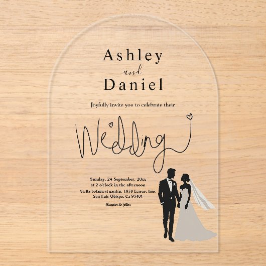 Elegante eenvoudige zwart-wit romantische bruiloft acryl uitnodigingen (Voorkant)