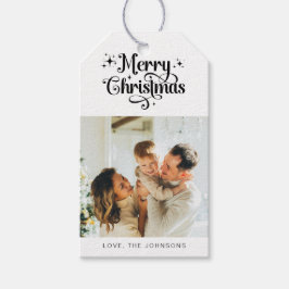 Elegante eenvoudige zwart-wit vrolijke kerstfoto cadeaulabel