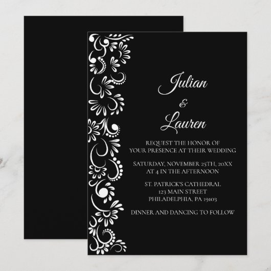 Elegante eenvoudige zwart-witte bloemenbruiloft kaart (Voorkant / Achterkant)