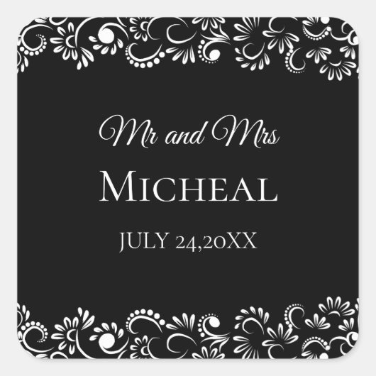 Elegante eenvoudige zwart-witte bloemenbruiloft vierkante sticker (Voorkant)