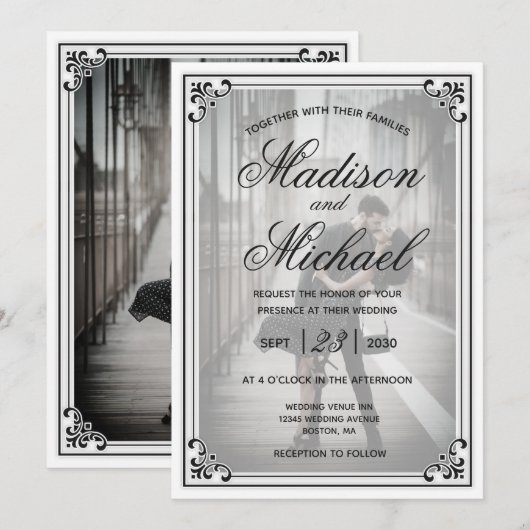 Elegante Eenvoudige Zwarte en Witte Bruiloft Kaart (Voorkant / Achterkant)