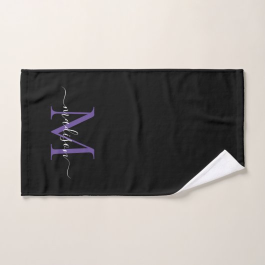 Elegante eenvoudige zwarte Paarse monogram scriptn Handdoek (Handdoek)