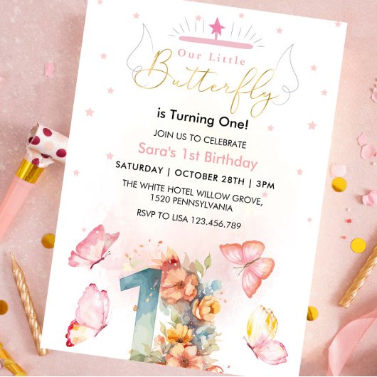 Elegante eerste 1e verjaardag roze vlinders kaart