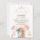 Elegante eerste 1e verjaardag roze vlinders kaart (Voorkant)