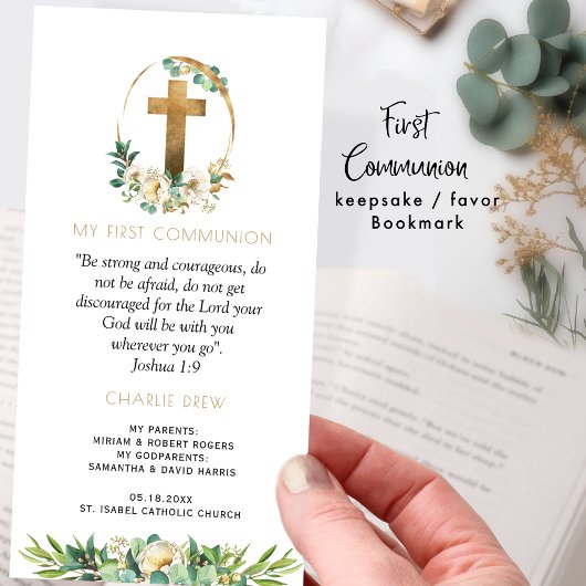 Elegante Eerste Communie, groen bladwijzer favorie Bedankkaart