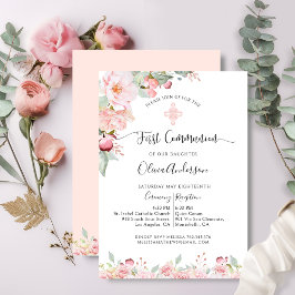 Elegante eerste communie munt en perzik bloemen kaart