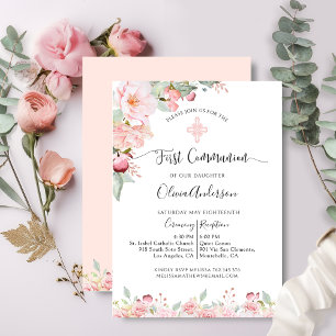 Elegante eerste communie munt en perzik bloemen kaart