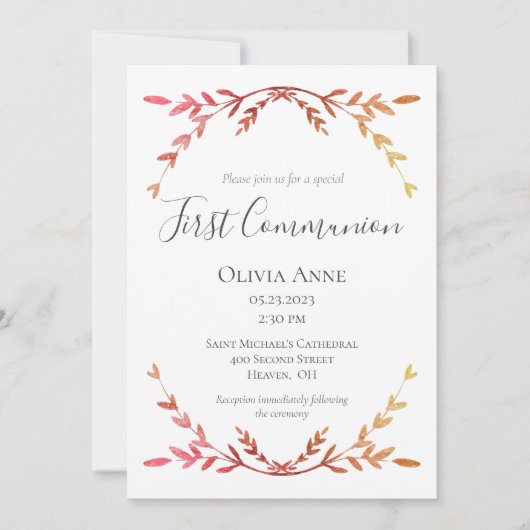 Elegante eerste communie perzik script eenvoudig kaart (Voorkant)