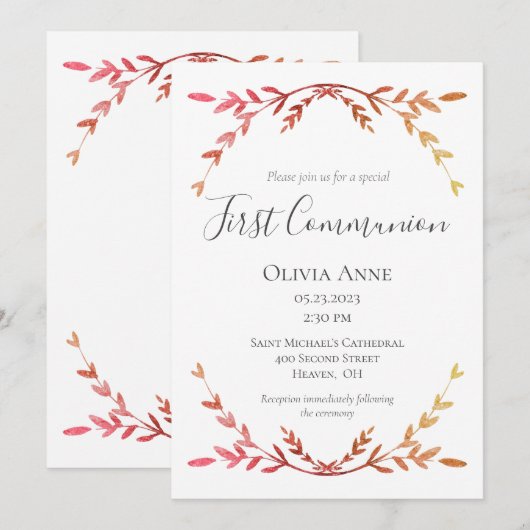 Elegante eerste communie perzik script eenvoudig kaart (Voorkant / Achterkant)