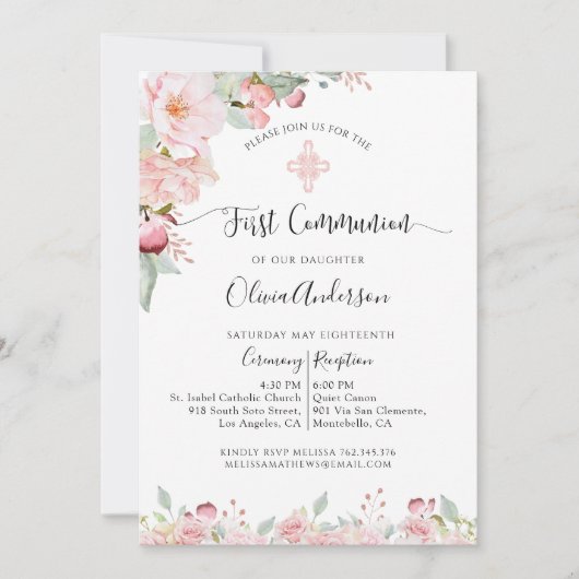 Elegante Eerste Communie Roze Goud, Mint Bloemen Kaart (Voorkant)