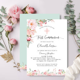 Elegante Eerste Communie Roze Goud, Mint Bloemen Kaart