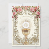 Elegante Eerste Communie Roze Rode Rozen Kaart (Voorkant)