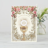 Elegante Eerste Communie Roze Rode Rozen Kaart (Staand voorkant)