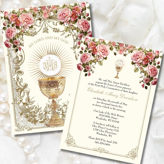 Elegante Eerste Communie Roze Rode Rozen Kaart