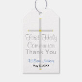 Elegante eerste communie zilveren kruis blauw cadeaulabel (Voorkant)