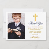 Elegante eerste heilige communie foto goud blauw bedankkaart (Voorkant)