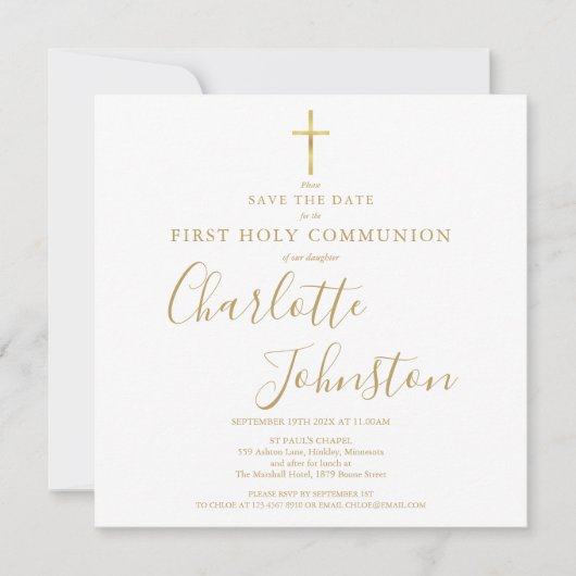 Elegante eerste Heilige Communie goud Save The Dat Aankondiging (Voorkant)
