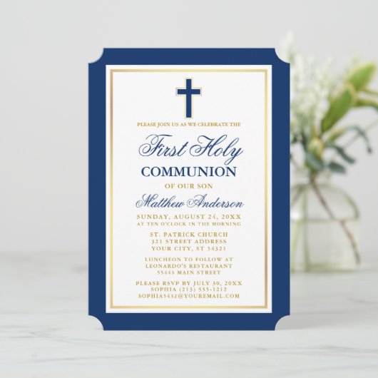 Elegante Eerste Heilige Communie in Blauw en Goud Kaart (Staand voorkant)