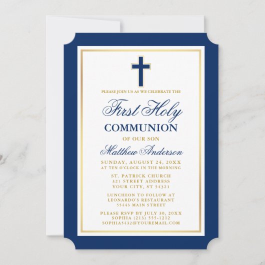 Elegante Eerste Heilige Communie in Blauw en Goud Kaart (Voorkant)