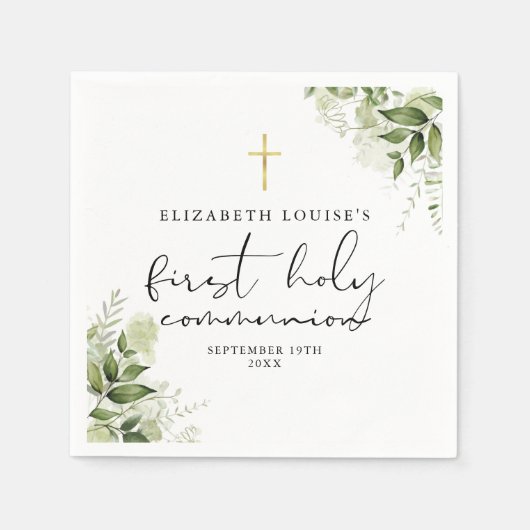 Elegante eerste heilige communie met rustieke groe servet (Voorkant)