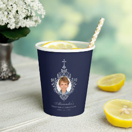 Elegante Eerste Heilige Communie Navyblauwe Jongen Papieren Bekers