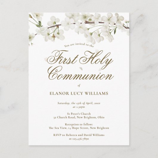 Elegante Eerste Heilige Communie Witte Bloesem Blo Uitnodiging Briefkaart (Voorkant)