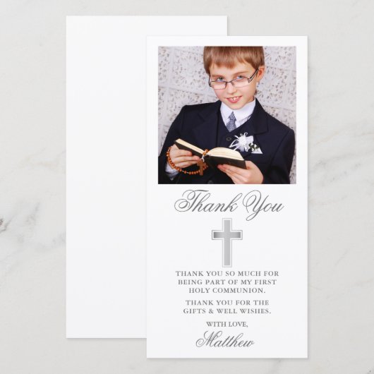 Elegante eerste Heilige Communie Zilver Bedankkaart (Voorkant / Achterkant)