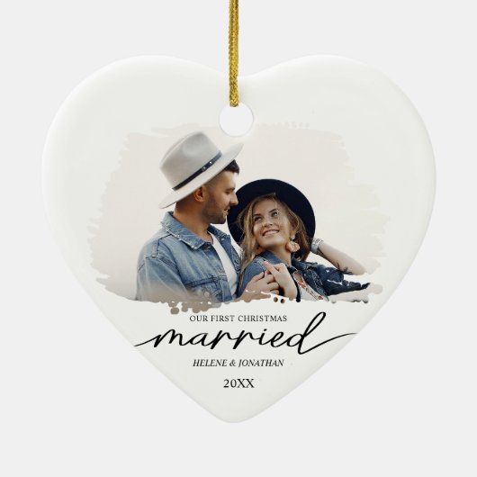 Elegante eerste kerst getrouwd paar foto keramisch ornament (Achterkant)