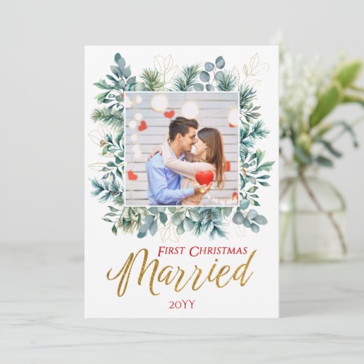 Elegante eerste kerst getrouwde Passen getrouwd fo Feestdagenkaart (Staand voorkant)