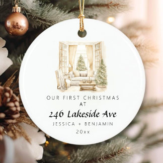 Elegante eerste kerst in ons nieuwe gezin keramisch ornament