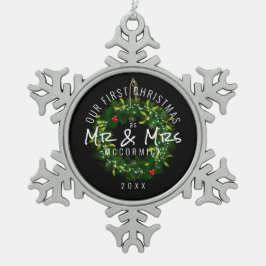 Elegante eerste kerst Mr. Mrs. Wreath gepersonalis Tin Sneeuwvlok Ornament