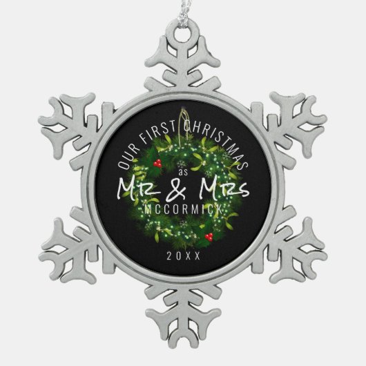 Elegante eerste kerst Mr. Mrs. Wreath gepersonalis Tin Sneeuwvlok Ornament (Voorkant)