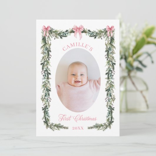 Elegante eerste kerstbaby meisje fotokaart kaart (Staand voorkant)
